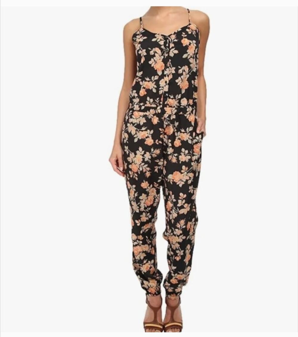 Black Floral Sleeveless Strappy Jogger Style Romper Jumpsuit Sz XS Summer Vacay
